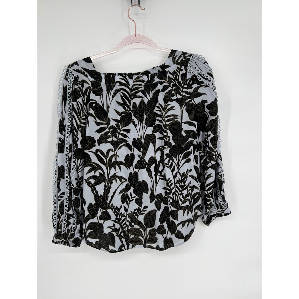 Ann Taylor Sz S Black White Floral Print Long Sleeve Square Neck Top Women's
